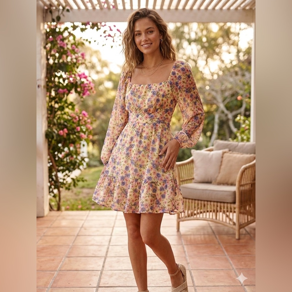Rewind Yellow‎ Floral Square-Neck Long Sleeve Mini Dress